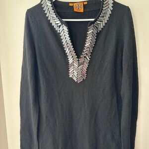 Tory Burch Black V-Neck Sweater with Crystal Accents Wool/Cashemere